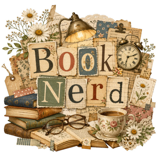 book nerd, vintage, steampunk, literary, cream, beige, dusty blue, sage green, rust red, floral, daisies, books, reading, antique clock, lamp, glasses, tea cup, botanical, nature, nostalgic, cottage core, library, academic, educational, lace, calico print, mixed media, collage, eclectic, whimsical