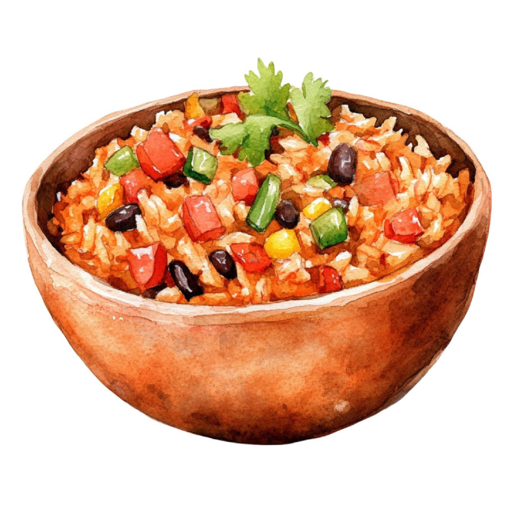 rice bowl, food illustration, spanish rice, mexican cuisine, terracotta bowl, red pepper, black beans, corn, green onion, cilantro, orange rice, colorful food, kitchen art, recipe illustration, culinary design, food themed, rustic style, ethnic cuisine, warm colors, burnt orange, deep red, yellow corn, fresh herbs, traditional cooking, food motif, home decor, kitchen textile
