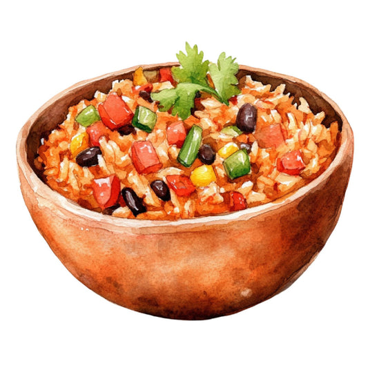 rice bowl, food illustration, spanish rice, mexican cuisine, terracotta bowl, red pepper, black beans, corn, green onion, cilantro, orange rice, colorful food, kitchen art, recipe illustration, culinary design, food themed, rustic style, ethnic cuisine, warm colors, burnt orange, deep red, yellow corn, fresh herbs, traditional cooking, food motif, home decor, kitchen textile