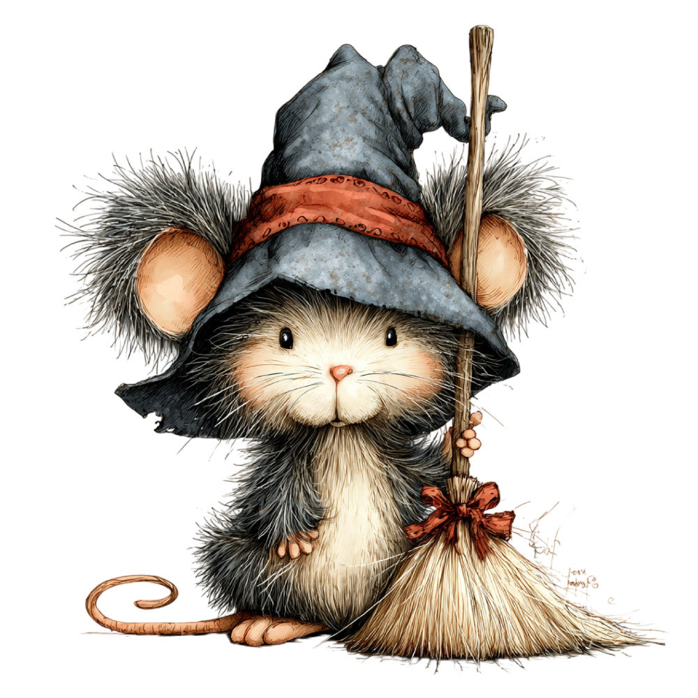 wizard mouse, cute animals, whimsical, gray blue hat, black and white mouse, fantasy, storybook, children's, magic wand, broomstick, pointy hat, brown rust accents, tan ears, holiday, christmas, autumn, winter, magical creatures, fairytale, illustrated, charming, playful, rustic, vintage inspired, animal characters, beige cream, slate gray, burnt orange