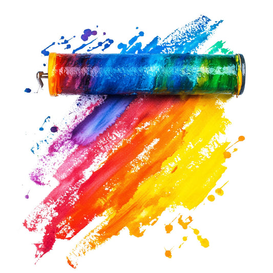 rainbow colors, paint roller, art supplies, vibrant spectrum, paint splashes, creative tools, artistic design, colorful strokes, painting theme, brush strokes, red, orange, yellow, green, blue, purple, fabric panel, quilting cotton, craft themed, artist studio, paint splatters, creative workspace