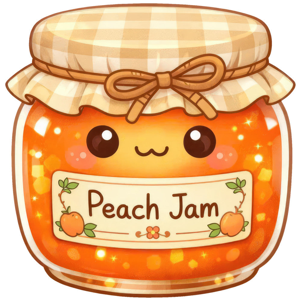 peach jam, cute jar, anthropomorphic, whimsical, orange, golden yellow, cream, brown, checkered, gingham, food theme, kitchen theme, vintage, retro, jar motif, peach fruit, preserves, rustic, farmhouse, cottage core, cheerful, kawaii, playful, spring, summer, fall, harvest theme, decorative label, bow detail, home decor