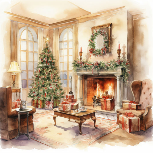 christmas living room, fireplace scene, christmas tree, wrapped gifts, holiday wreath, warm brown tones, cream walls, watercolor style, cozy interior, fabric panel, quilting cotton, holiday decorations, winter scene, festive garland, candlesticks, armchair furniture, french doors, brick fireplace, christmas morning, seasonal fabric