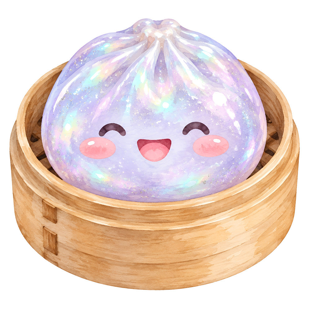 lavender, pastel purple, iridescent, holographic, magical, whimsical, cute, dumpling, asian cuisine, food, character, smiling face, happy expression, closed eyes, rosy cheeks, sparkly, glittery, shimmery, bamboo steamer, wooden basket, kawaii, playful, celestial, dreamy, fantasy, children, kids, novelty, food-themed