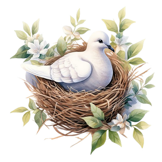 Spring White Doves Fabric Panel 6 featuring a detailed white dove resting in a natural nest surrounded by green leaves and white flowers.