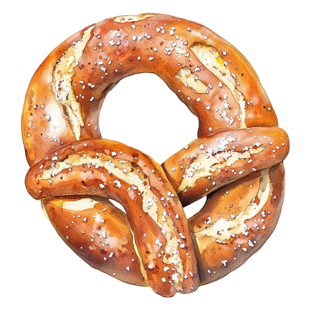pretzel, bread, bakery, food, kitchen, brown, tan, cream, white, salt crystals, baked goods, food theme, culinary, appetizer, snack, german, bavarian, traditional, rustic, vintage, whimsical, realistic, illustration, detailed, gourmet, cafe, bistro, deli, food art, novelty print
