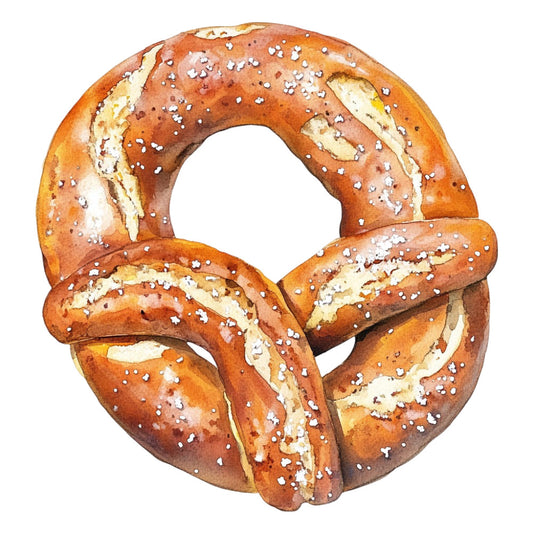 pretzel, bread, bakery, food, kitchen, brown, tan, cream, white, salt crystals, baked goods, food theme, culinary, appetizer, snack, german, bavarian, traditional, rustic, vintage, whimsical, realistic, illustration, detailed, gourmet, cafe, bistro, deli, food art, novelty print