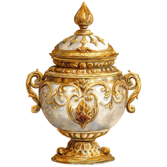 gold, ornate urn, decorative vessel, baroque style, scrollwork, handles, finial, lid, gilded details, cream background, elaborate ornamentation, vintage inspired, metallic accents, fabric panel, quilting cotton, antique finish, decorative arts, ceremonial object