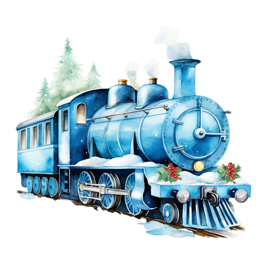 Blue Christmas Train Fabric Panel 4