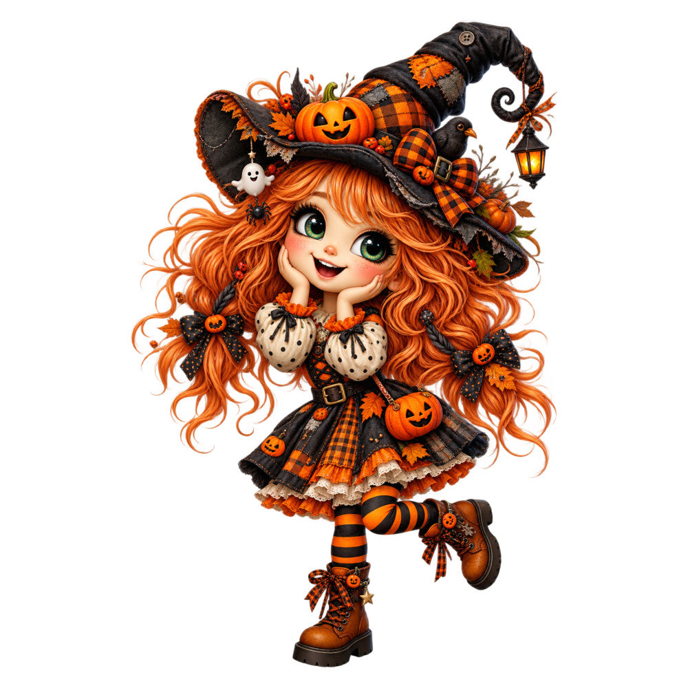 halloween, orange, black, cream, witch, pumpkin, autumn, fall, whimsical, cute, playful, cheerful, jack-o-lantern, striped, plaid, festive, spooky, character print, girl, witch hat, boots, lantern, leaves, patchwork, novelty, seasonal, trick-or-treat, holiday, decorative, wall hanging