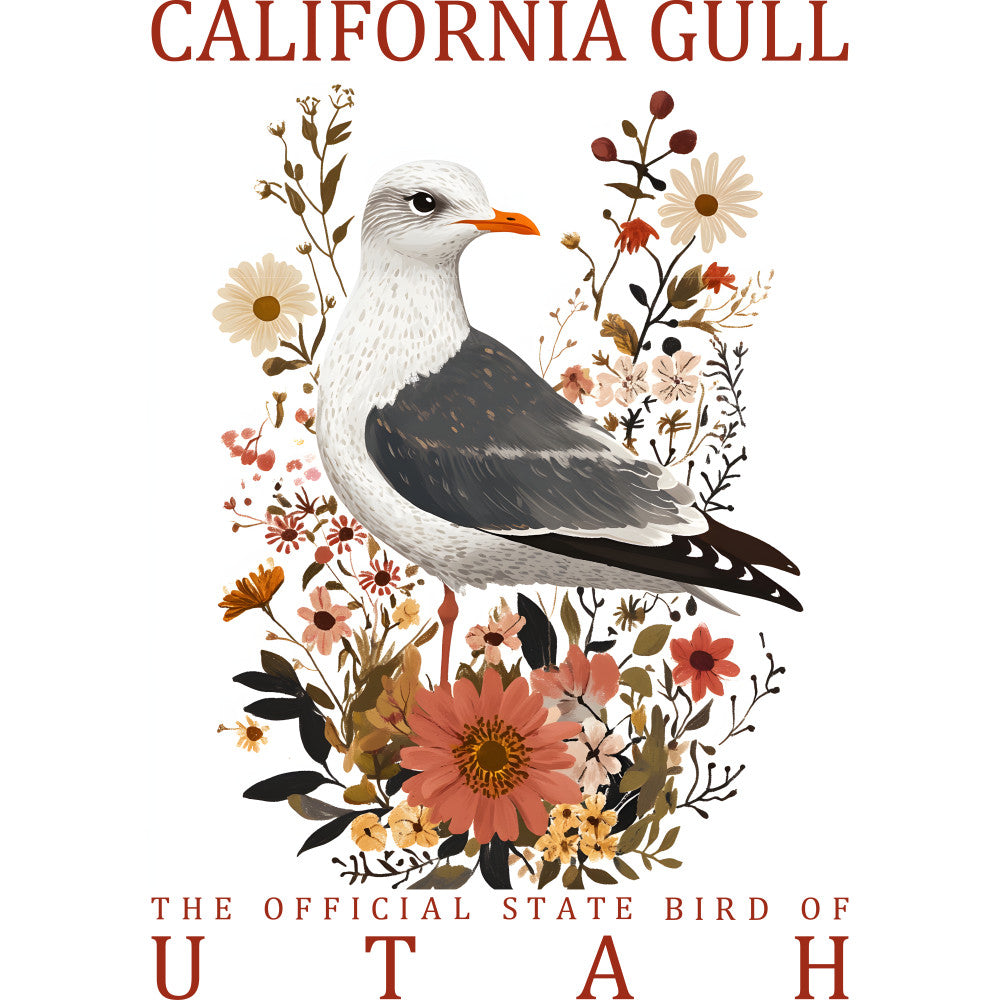california gull, seagull, state bird, utah, floral arrangement, white bird, gray wings, orange beak, autumn flowers, botanical design, coral blooms, cream daisies, brown foliage, fabric panel, quilting cotton, nature illustration, bird portrait, vintage style, earth tones, decorative flora