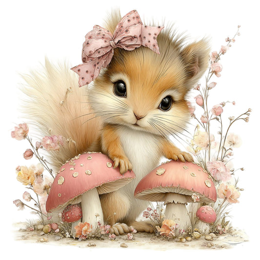 cute kitten, fluffy cat, pink bow, mushrooms, toadstool, whimsical, pastel colors, cream, tan, dusty rose, coral pink, soft florals, flowers, nature, woodland, forest, fantasy, sweet, adorable, children's, baby, spring, vintage style, delicate, magical, garden, small animals, pet themed, decorative panel, wall hanging