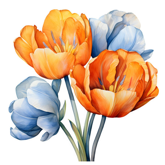 orange tulips, blue tulips, coral orange, sky blue, golden yellow, cream white, floral, tulip flowers, botanical, nature, spring flowers, elegant, traditional, romantic, garden flowers, watercolor style, hand-painted, soft petals, vibrant florals, spring theme, summer flowers, home decor, wall art, heirloom style, cottage garden, classic floral, multicolor floral, flower arrangement, decorative panel