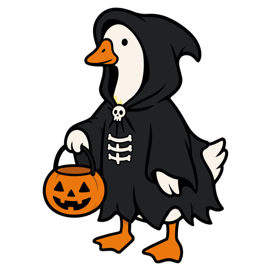 halloween penguin, black orange, skeleton, pumpkin, jack-o-lantern, grim reaper, costume, trick or treat, spooky, festive, whimsical, animal, bird, autumn, fall, halloween theme, holiday, children's, cute monster, bones, scary but cute, charcoal black, burnt orange, cream, haunted, october, seasonal, novelty print, character design