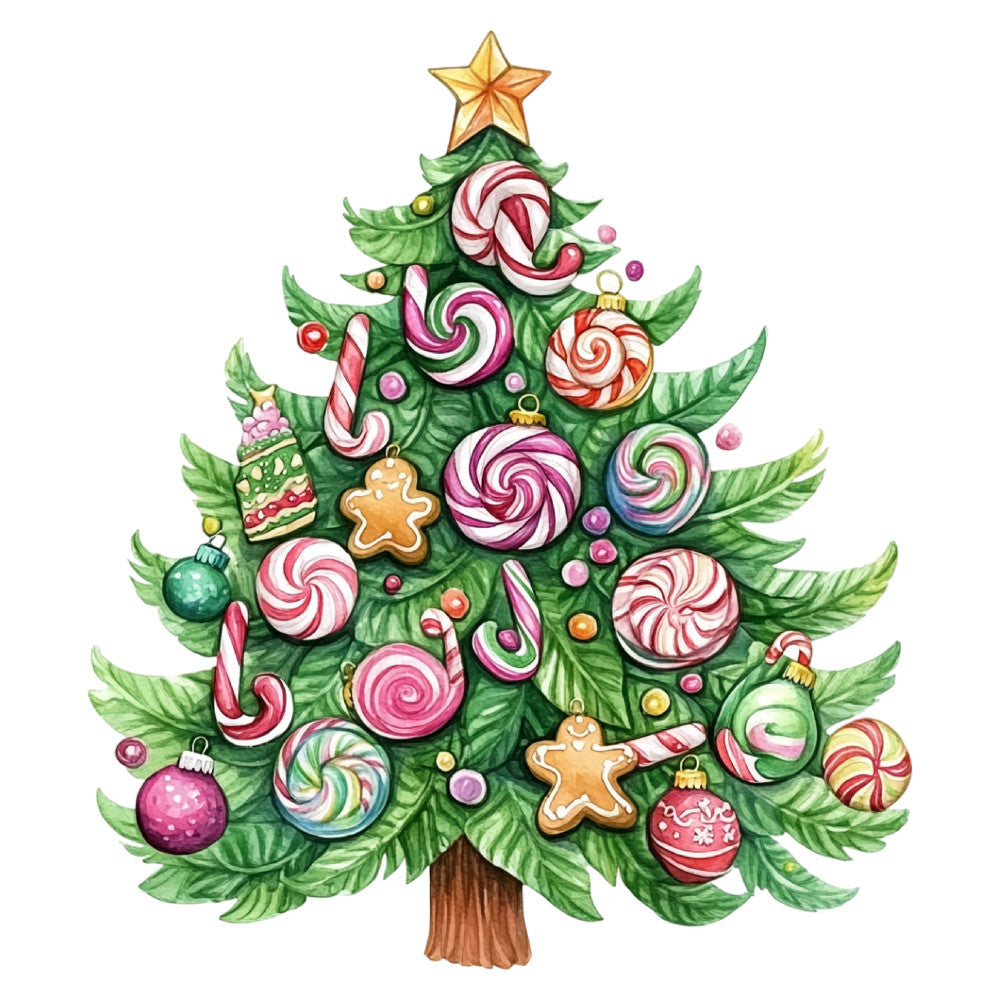 christmas tree, holiday, candy, lollipop, peppermint, gingerbread, festive, whimsical, forest green, candy cane, ornament, star, gold star, pink, red and white, multicolor, gingerbread man, sweet treats, dessert themed, Christmas themed, winter holiday, jolly, playful, decorative panel, traditional Christmas, nostalgic, candy swirl, baubles, seasonal, festive decor