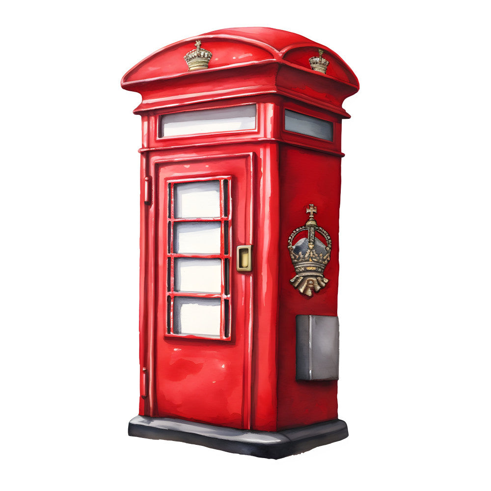 red, british, telephone booth, vintage, iconic, landmark, travel, london, retro, traditional, nostalgic, heritage, architectural, english, cultural, novelty, tourist, classic design, brass details, crown emblem, whimsical, detailed illustration, red phone box, collectible, gift fabric, conversation starter, british culture, patriotic