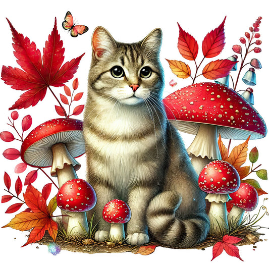 cat, tabby cat, mushrooms, red mushrooms, autumn leaves, fall foliage, maple leaves, butterflies, whimsical, woodland, nature, forest, red, crimson, rust, orange, golden yellow, cream, beige, botanical, floral, fairy tale, fantasy, enchanted forest, storybook, autumn, fall, decorative panel, wall art, home decor
