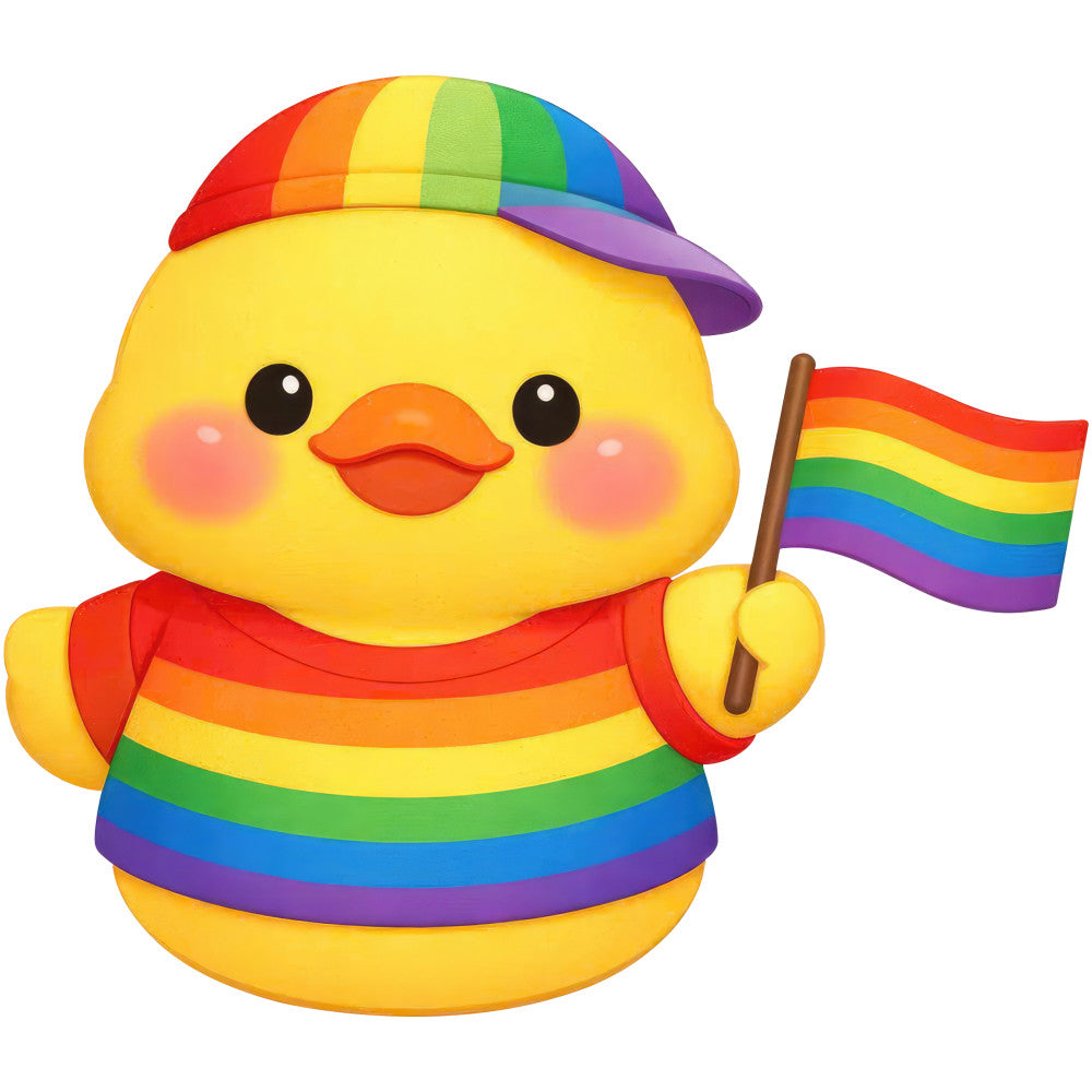 rainbow, pride, lgbtq, duck, duckling, chick, bird, yellow, bright yellow, red, orange, green, blue, purple, multi-color, striped, whimsical, cute, playful, cheerful, inclusive, celebration, festive, animal, character, kawaii, gender neutral, colorful, modern, fun