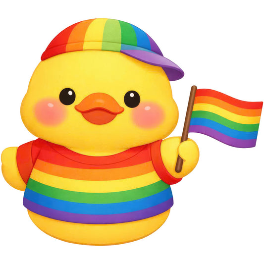 rainbow, pride, lgbtq, duck, duckling, chick, bird, yellow, bright yellow, red, orange, green, blue, purple, multi-color, striped, whimsical, cute, playful, cheerful, inclusive, celebration, festive, animal, character, kawaii, gender neutral, colorful, modern, fun