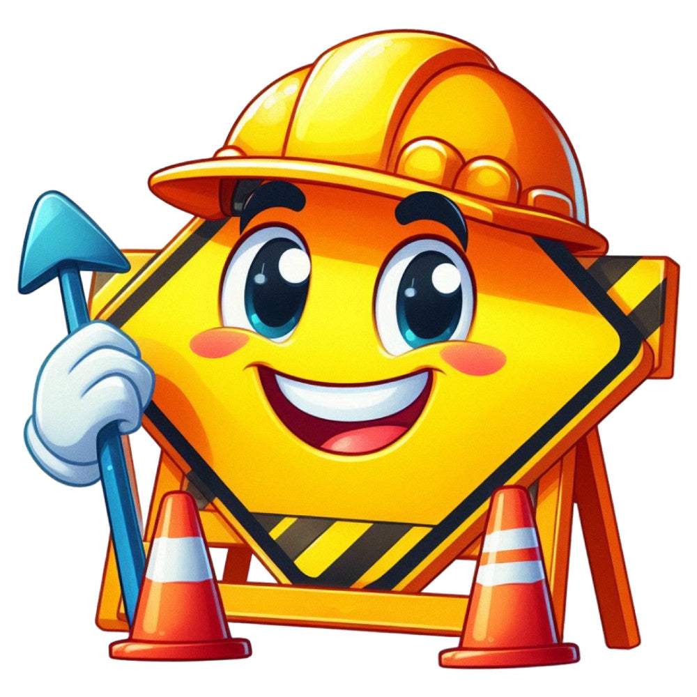 bright yellow, orange, red, construction worker, hard hat, tools, pickaxe, safety cones, geometric, striped, children's, playful, whimsical, cartoon character, mascot, industrial theme, building, worker character, happy face, blue eyes, cheerful, cute, kid-friendly, labor day, work themed, occupational, character panel, yellow and orange, retro cartoon, fun prints