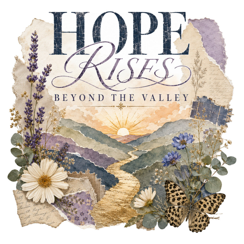 hope rises beyond the valley, lavender purple, cream ivory, dusty blue, sage green, golden yellow, floral, landscape, nature, vintage, botanical, inspirational, romantic, rustic, elegant, daisies, lavender flowers, butterflies, mountains, sunrise, watercolor, inspirational text, spring, summer, garden theme, peaceful, serene, heritage, cottage core, mixed media