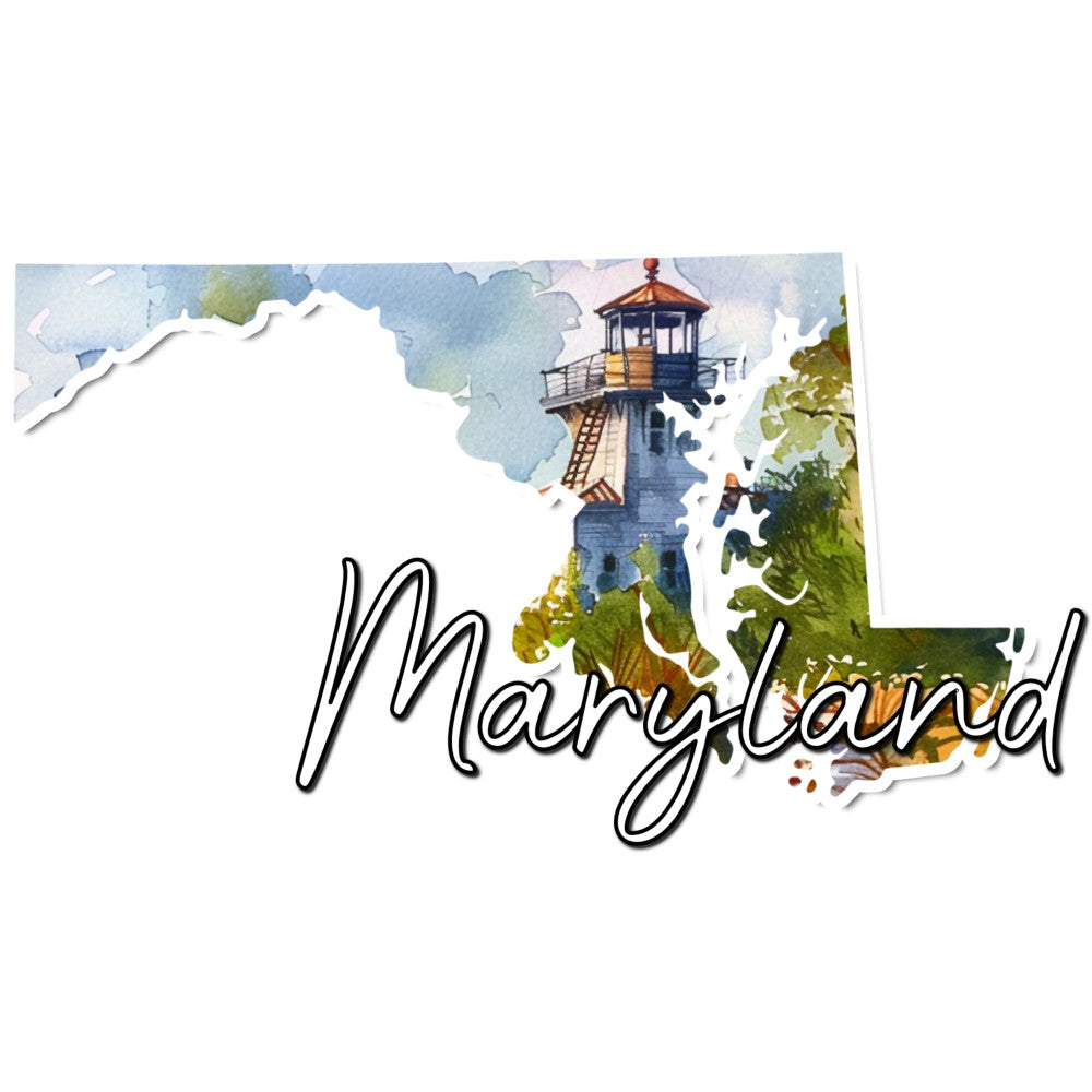 maryland, lighthouse, nautical, coastal, map, geography, watercolor, blue, sky blue, cream, green, sage green, artistic, travel, nature, scenic, state pride, aquatic, elegant, whimsical, vintage, traditional, wall art, home decor, educational, landscape, seascape, boating, maritime, regional