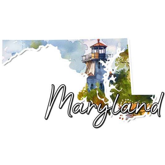 maryland, lighthouse, nautical, coastal, map, geography, watercolor, blue, sky blue, cream, green, sage green, artistic, travel, nature, scenic, state pride, aquatic, elegant, whimsical, vintage, traditional, wall art, home decor, educational, landscape, seascape, boating, maritime, regional