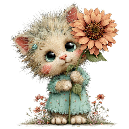 cute cat, whimsical animals, fluffy kitten, sunflower, peach, cream, mint green, dusty rose, sage green, floral, nature, botanical, sweet, adorable, childlike, storybook, fantasy, illustrated, cat lover, pet themed, daisy, wildflowers, spring, summer, nursery, baby, children's, endearing, playful, cottage core