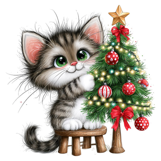 cute cat, kitten, christmas tree, holiday, festive, animals, whimsical, charming, green, red, gold, white, black, forest green, red ornaments, gold lights, star topper, red bow, striped ornaments, polka dot ornaments, winter, christmas, seasonal, children's, playful, decorative, wooden stool, cheerful, family-friendly, decorations