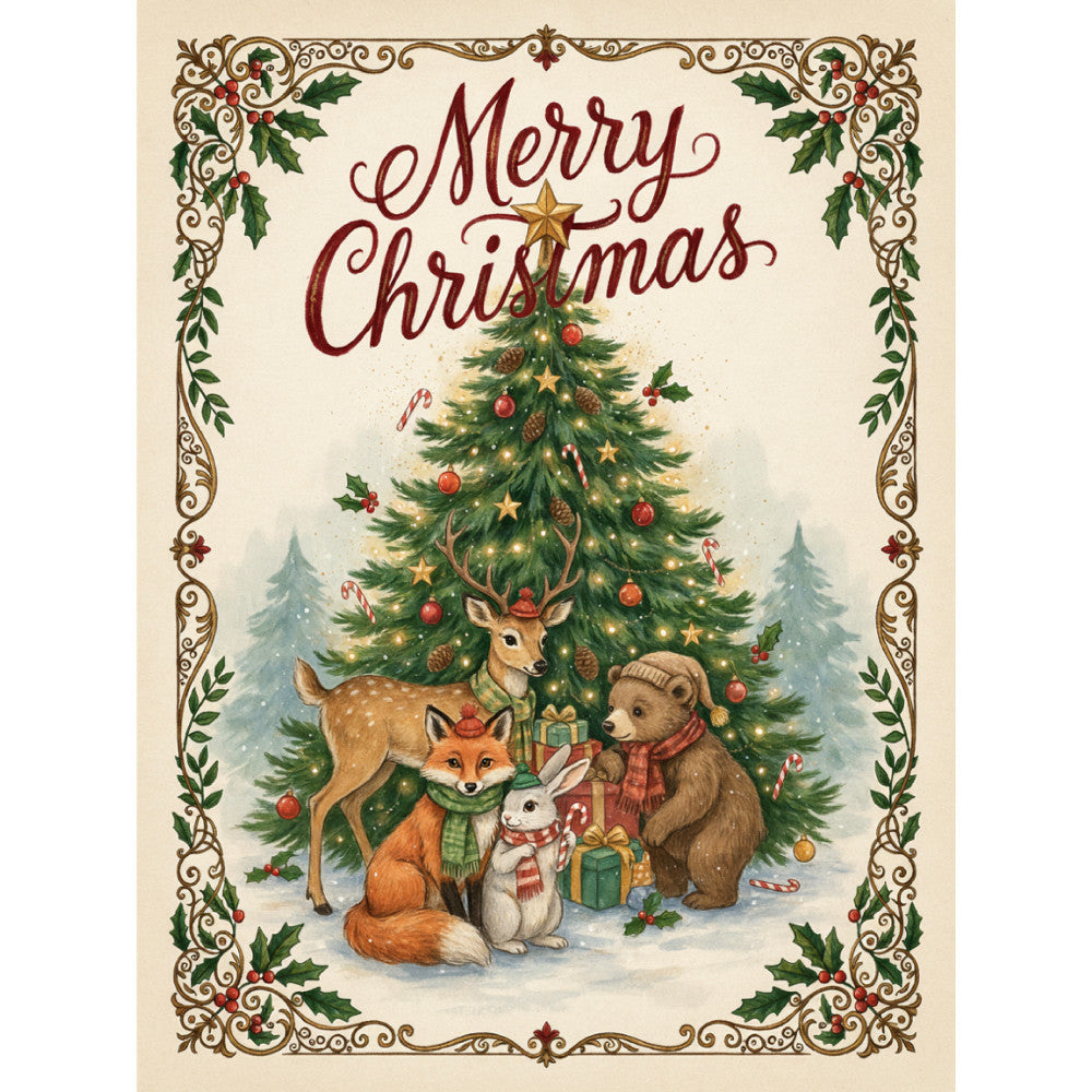 merry christmas, holiday, christmas tree, forest green, cream, burgundy, gold, red, vintage, traditional, elegant, whimsical, animals, deer, fox, bear, rabbit, nature, winter, snow, festive, ornaments, candy canes, pine cones, holly, decorative border, gift giving, nostalgic, christmas animals, woodland creatures
