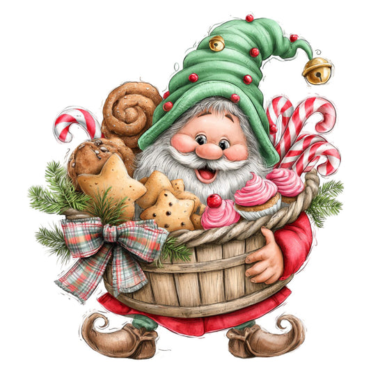 gnome, christmas, holiday, whimsical, festive, red, green, cream, gold, candy cane, gingerbread, peppermint, vintage, traditional, jolly santa, baker gnome, dessert, sweets, decorative, winter, seasonal, rustic charm, cheerful, nostalgic, retro, cottage core, plaid bow, bells, evergreen branches