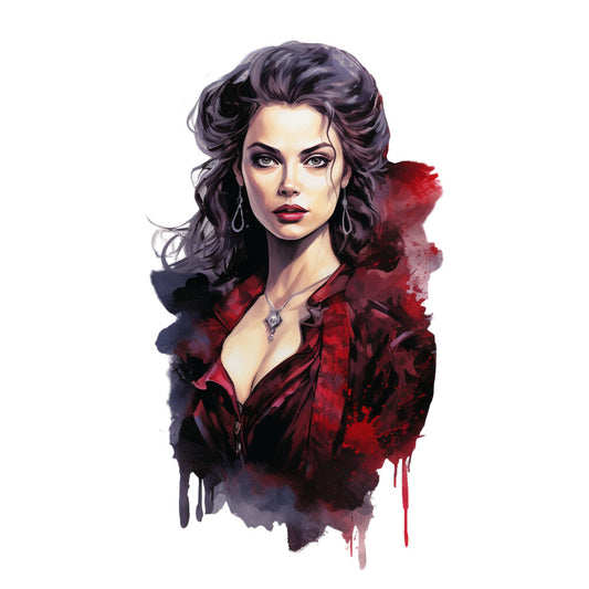 burgundy red, deep red, crimson, dark purple, navy blue, wine red, dramatic portrait, woman face, vintage style, elegant, gothic, moody, watercolor effect, ink wash, abstract background, portrait panel, sophisticated, dramatic makeup, dark romantic, evening wear, jewelry motif, pendant necklace, wavy hair, 1940s style, retro glamour, dramatic lighting, artistic, contemporary art, statement piece
