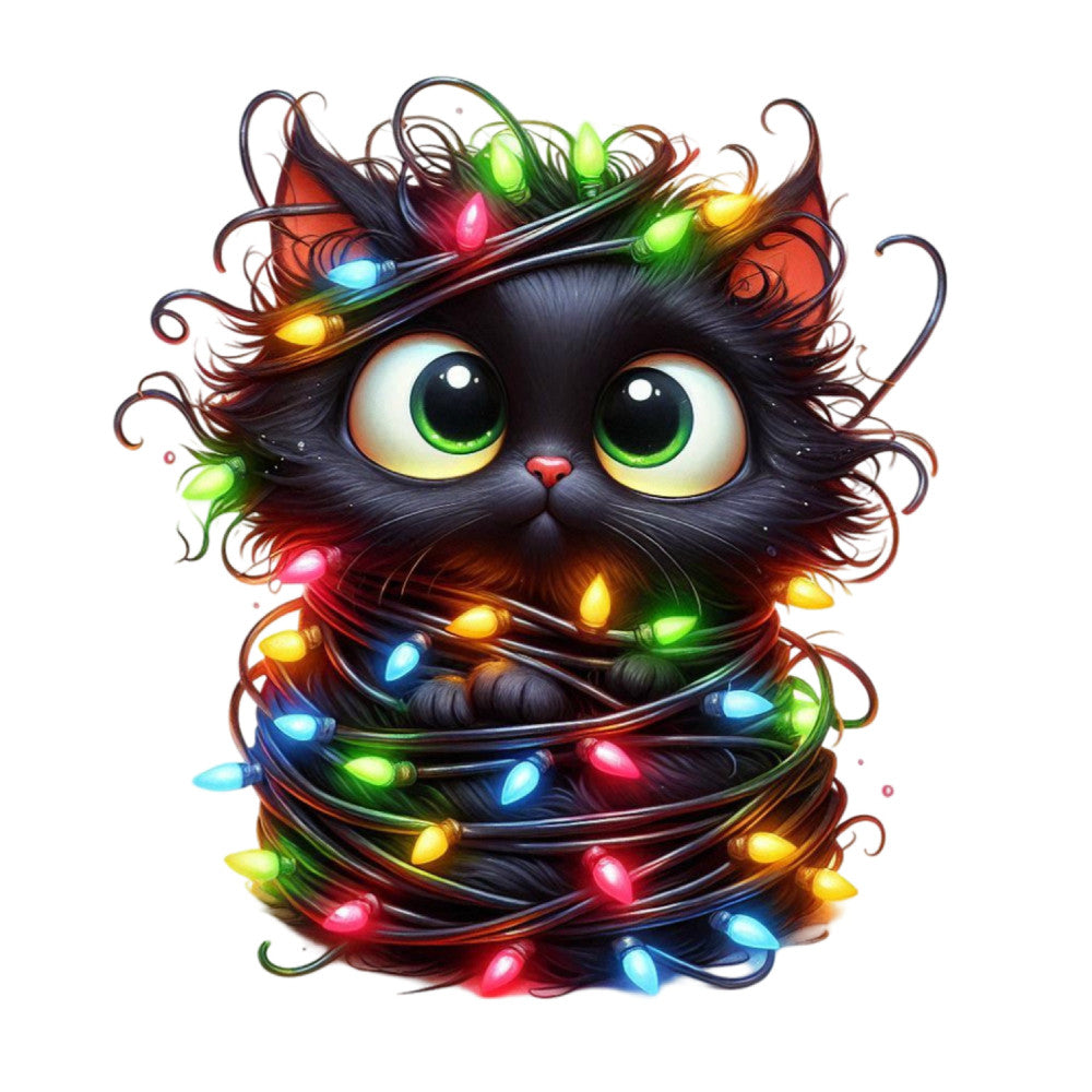 black cat, christmas lights, holiday, festive, whimsical, cute, colorful, multicolor, red, green, blue, yellow, gold, bright, glowing, light-up, christmas, winter, animal, cat face, playful, modern, fun, novelty, seasonal, decorative, children, kids, festive lights, string lights
