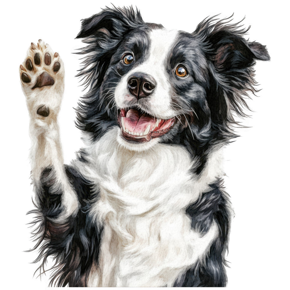 watercolor, border collie, dog portrait, black and white, brown eyes, paw print, happy expression, realistic art, pet fabric, animal panel, quilting cotton, craft panel, dog lover, canine design, detailed illustration, friendly dog, fabric square, sewing material, pet themed, animal art