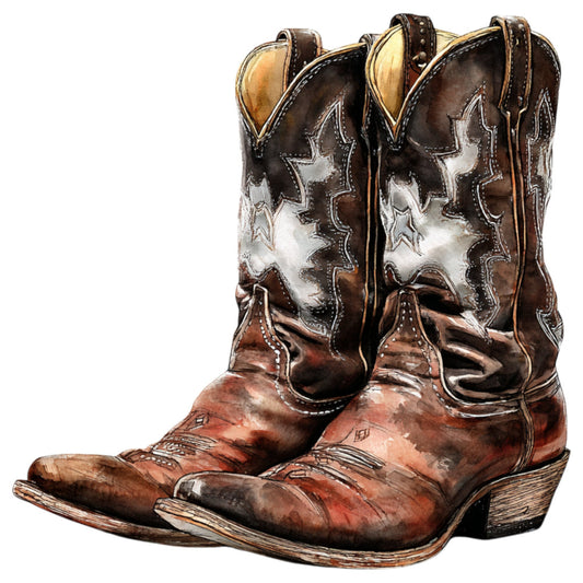 western boots, cowboy boots, brown leather, rust red, cream white, dark chocolate, tan suede, embroidered stars, star motifs, western wear, country style, rustic, vintage western, farmhouse, boot illustration, detailed artwork, decorative stitching, traditional western, boots with spurs, leather texture, southwestern, country living, western decor, rustic home, vintage boots, worn leather, western themed, detailed illustration, heritage crafts, traditional craftsmanship