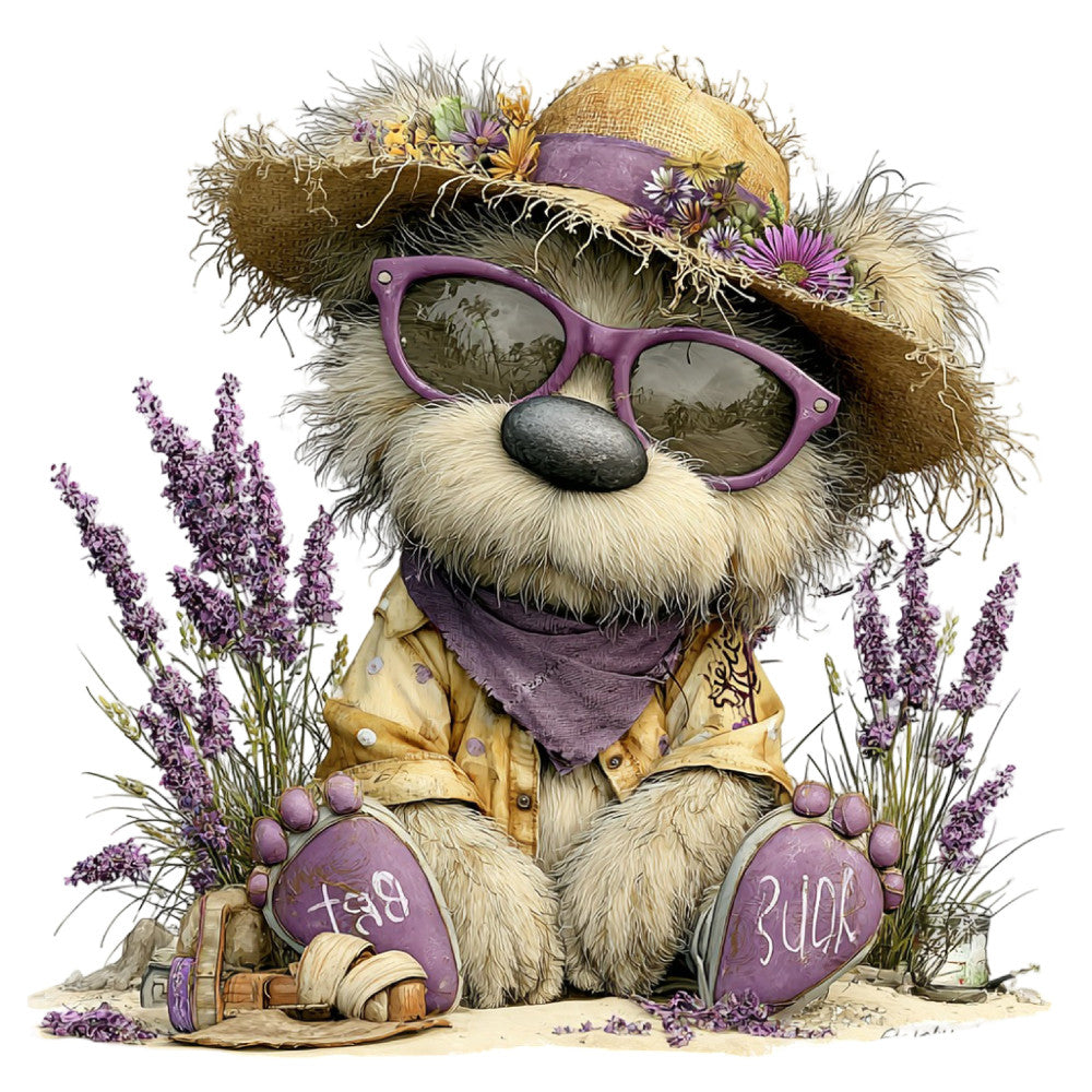 purple, lavender, cream, tan, straw yellow, whimsical, quirky, animal, woodland creature, gnome, elf, fantasy, nature, bohemian, rustic, cottage core, lavender flowers, flowers, floral, spring, summer, vintage, playful, character, adventure, outdoor, garden, hippie, boho, enchanted