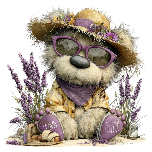 purple, lavender, cream, tan, straw yellow, whimsical, quirky, animal, woodland creature, gnome, elf, fantasy, nature, bohemian, rustic, cottage core, lavender flowers, flowers, floral, spring, summer, vintage, playful, character, adventure, outdoor, garden, hippie, boho, enchanted