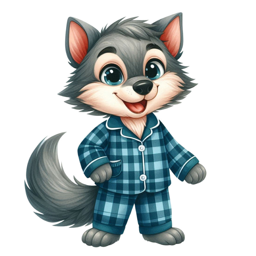 teal blue, slate gray, cream, coral pink, plaid, checkered, woodland animals, fox, cute characters, whimsical, playful, children's, pajamas, cozy, charming, friendly, animal motifs, red ears, anthropomorphic, casual style, bedtime, sleepwear, nursery, kid's quilt, storybook, endearing, soft colors, gingham pattern