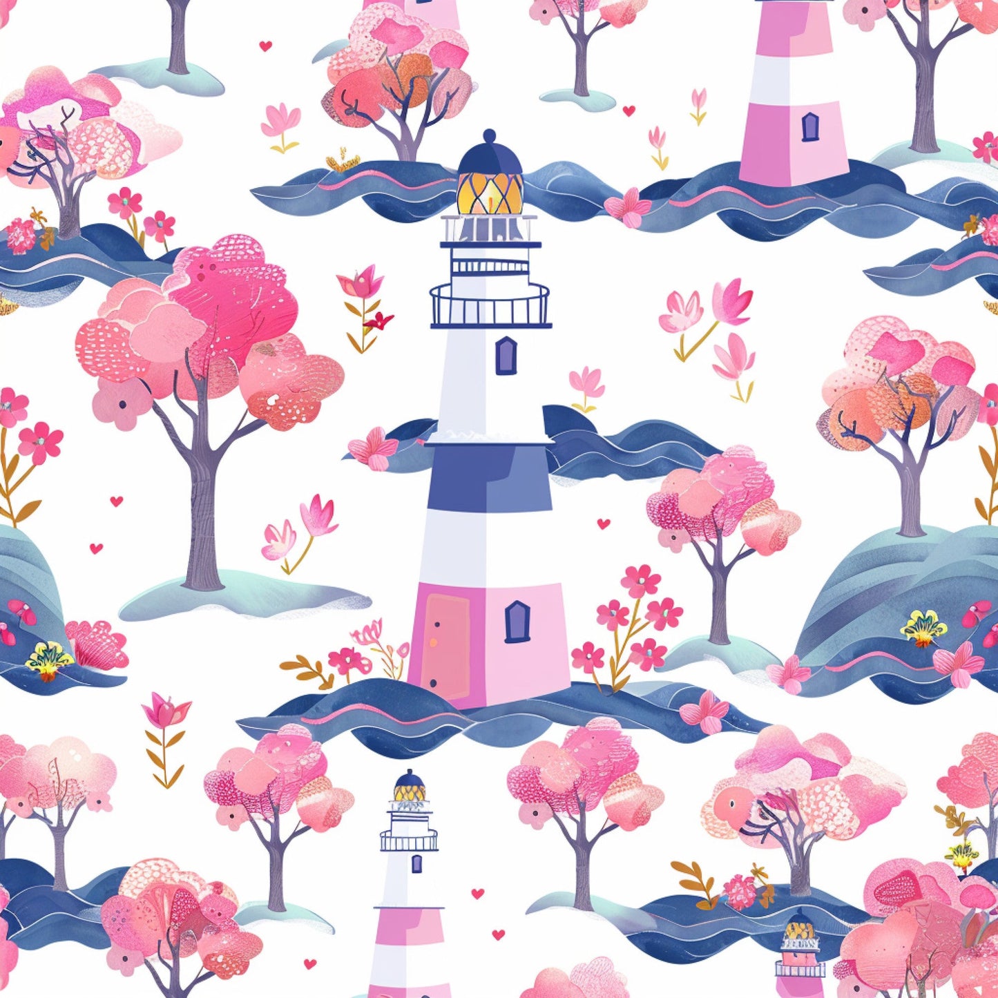Springtime Lighthouse Scene Pattern 10 Quilting Cotton Fabric