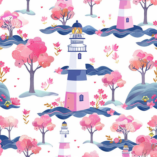 Springtime Lighthouse Scene Pattern 10 Quilting Cotton Fabric