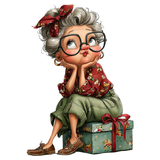 vintage grandmother, retro woman, whimsical character, charming elderly lady, glasses, gray hair, red bandana, floral print, red floral, sage green, olive green, rust red, burgundy, brown shoes, suitcase, travel theme, nostalgic, retro style, mid-century, cottage core, grandma fashion, quirky character, playful illustration, portrait panel, vintage travel, country style, traditional design, cheerful, folk art inspired, decorative panel