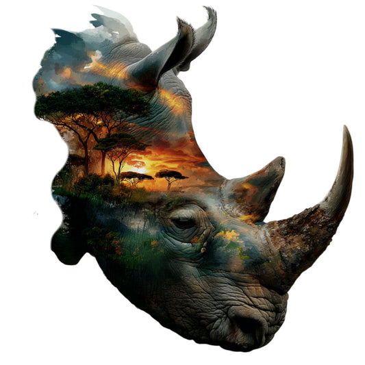 wildlife, rhinoceros, savanna, african animals, nature, double exposure, landscape, sunset, acacia trees, tusks, horn, burnt orange, golden yellow, forest green, charcoal gray, earth tones, warm colors, artistic, modern, contemporary, animal silhouette, layered imagery, mixed media aesthetic, wildlife conservation, safari theme, majestic animals, textured, dimensional art, nature inspired