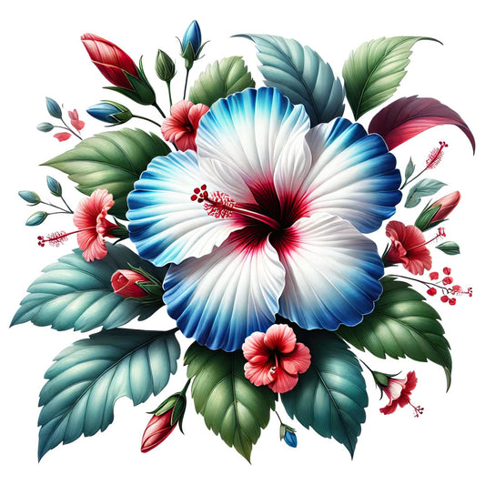 blue hibiscus, coral pink, deep red, forest green, teal blue, white, floral, botanical, nature, elegant, modern, whimsical, hibiscus flowers, smaller blooms, delicate petals, lush leaves, tropical, colorful, vibrant, spring, summer, wall hanging, home decor, large scale print, gradient shading, multi-color, artistic, contemporary