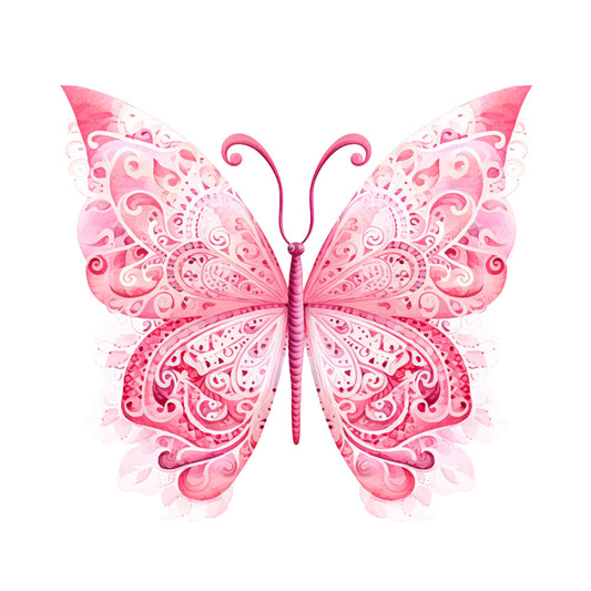 pink butterfly, watercolor style, ornate patterns, swirls, decorative wings, breast cancer awareness, fabric panel, quilting cotton, paisley designs, intricate details, symmetrical butterfly, rose pink, magenta, soft pink, delicate artwork, feminine design, craft fabric, sewing panel, floral motifs, graceful butterfly