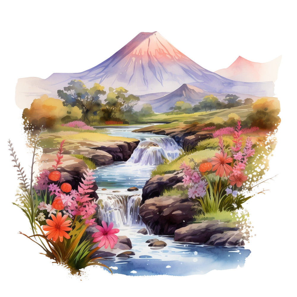 Watercolor Volcano Fabric Panel 3 – QuiltingFabricPanels.com