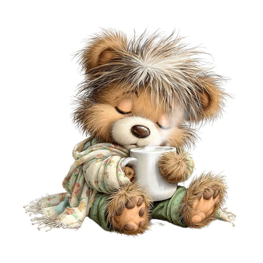 cute bear, teddy bear, animals, cozy bear, warm colors, tan, cream, white, sage green, floral scarf, whimsical, sweet, nursery, baby themed, children's fabric, storybook style, illustration, vintage teddy, plush character, adorable, comfortable, relaxed style, cottage core, nature inspired, soft colors, muted tones, character panel, decorative print, heart warming, gentle