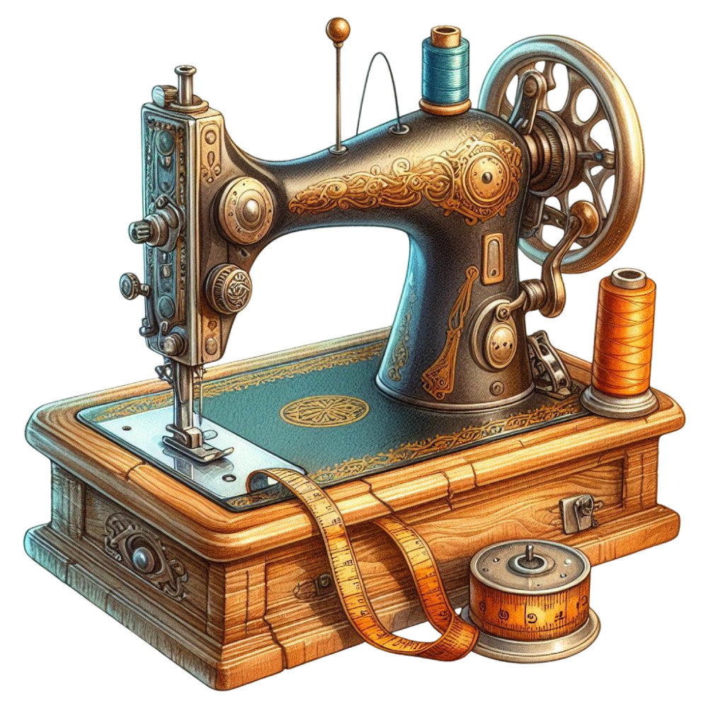 vintage sewing machine, steampunk, antique, teal, bronze, gold, copper, burnt orange, ornate, mechanical, nostalgic, retro, traditional, elegant, sewing themed, crafting, needlework, decorative arts, Victorian, industrial, measuring tape, thread spool, gear motif, ornamental design, classic, heritage, fabric crafts, hobby themed, collectors, wall hanging