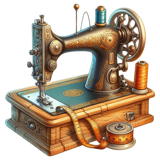 vintage sewing machine, steampunk, antique, teal, bronze, gold, copper, burnt orange, ornate, mechanical, nostalgic, retro, traditional, elegant, sewing themed, crafting, needlework, decorative arts, Victorian, industrial, measuring tape, thread spool, gear motif, ornamental design, classic, heritage, fabric crafts, hobby themed, collectors, wall hanging