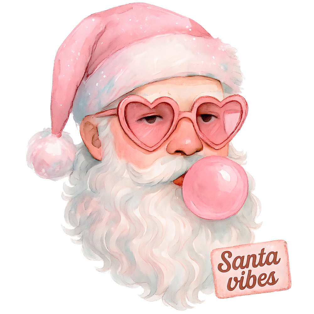pink, coral, peach, white, santa claus, christmas hat, heart sunglasses, bubble gum, white beard, festive, holiday, winter, whimsical, playful, cute, modern santa, fabric panel, quilting cotton, christmas theme, santa vibes