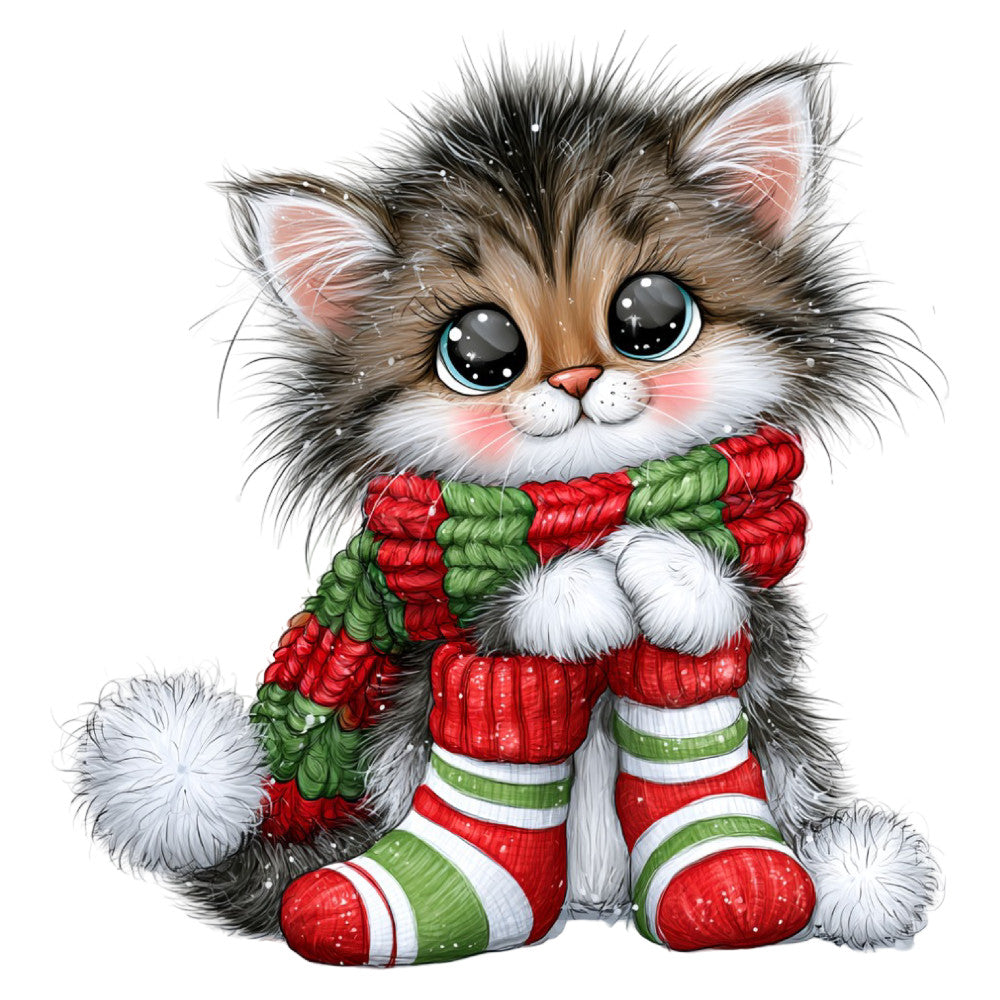 cute cat, kitten, holiday, christmas, festive, red and green, white, striped socks, sweater, cozy, whimsical, kawaii, big eyes, fuzzy, fluffy, animal, pet, winter, seasonal, children's, baby, playful, cheerful, colorful, graphic, character, charming, decorative, wall hanging, pillow cover